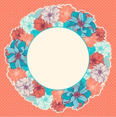 Greeting card with wreath of hand-drawn flowers