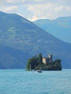 picturesque island with tower on mountain lake, italy, Lake Iseo, Lago d'Iseo