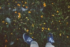 feet in blue sneakers on grass