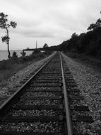 black and white photo of rails along the beach