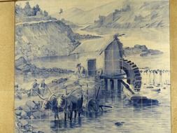 image of a water mill on a ceramic tile