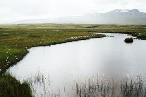 Landscape with the beautiful lake among the colorful fields in Iceland