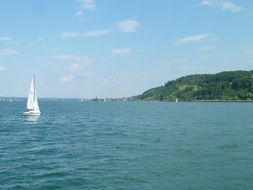 distant view of a white sailboat on Lake Constance