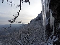 Beautiful long icicles in the snowy mountains in winter on lanscape