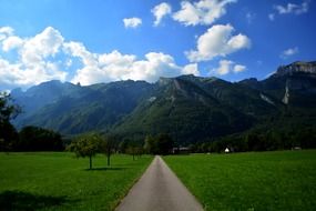 Road in green field mountain view
