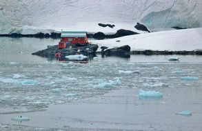 distant view of a research station on glacier in Antarctica