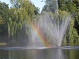 rainbow on the pond near the fountain
