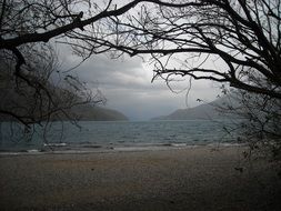 mystical landscape of the sea against the backdrop of mountains