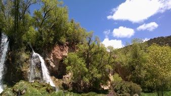 scenic landscape of waterfall and mountains