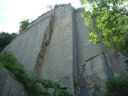 a large stone wall around which green grows