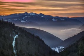landscape on alpine mountains in sunset
