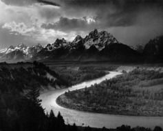 black and white image of a river in a national park