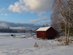 wooden house on a background of snowy landscape