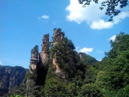 scenic sandstone columns and mountains at sky, china, Zhangjiajie National Forest Park