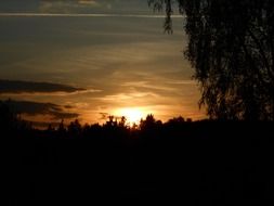 sunset over the trees behind the clouds