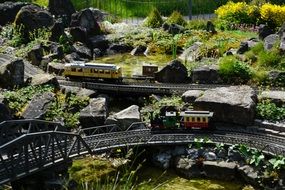 Beautiful miniature railway with colorful hills and trees on Mainau