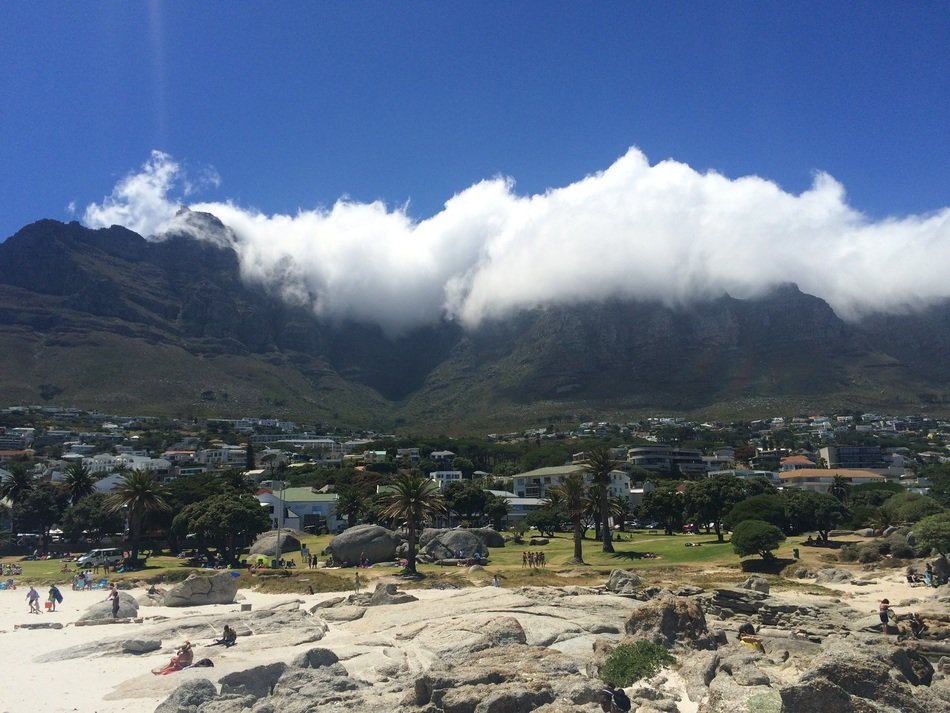 distant view of cape town and table mountain in clouds, South Africa