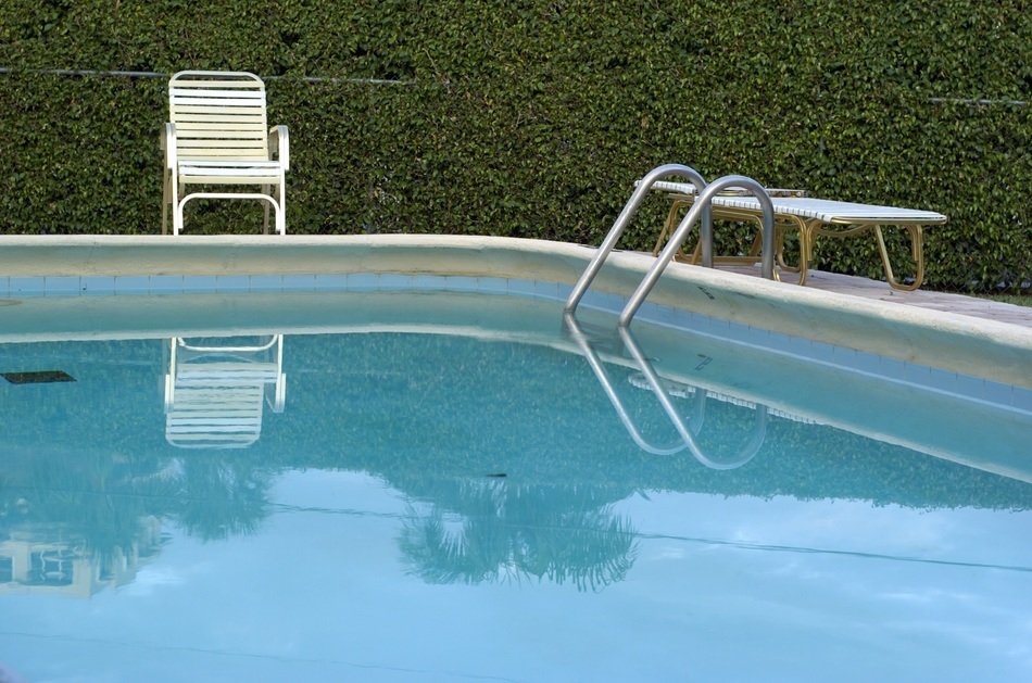 Armchair near the swimming pool with plants around