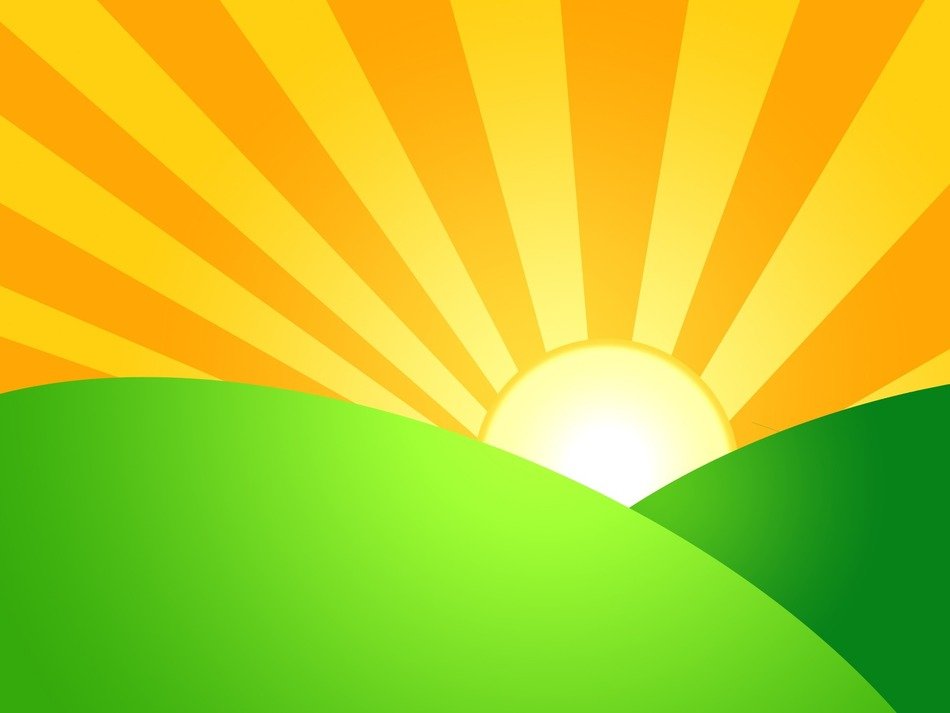 BeautÄ±ful and colorful drawÄ±ng of the sun behÄ±nd the green hÄ±lls
