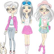 Vector set hipster fashionable girls N2