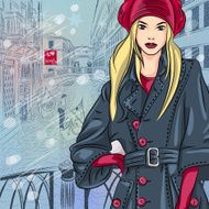 Christmas cityscape with beautiful fashion girl on Bridge of Sighs