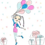 Vector hipster fashion girl with multi-colored balloons N2