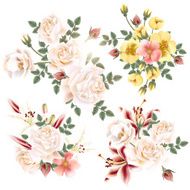 Collection of realistic flowers roses and lilies
