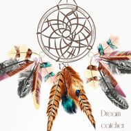 Vector background with dream catcher from colorful feathers N2