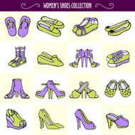 Hand drawn women&#039;s shoes in purple and green colors