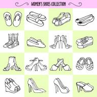 Hand drawn women&#039;s shoes in black and white colors