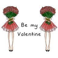 girls holding roses bouquet with text background