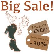 Big Sale illustration with cute bird ankle boots and labels