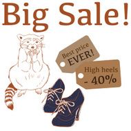 Big Sale illustration with funny raccoon high heels and labels