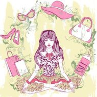 Stylish young woman in lotus position with fashion accessories mandala