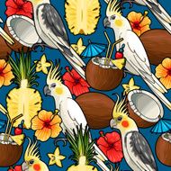 Seamless cockatoo and tropical cocktail