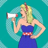 Girl with megaphone or loudspeaker in pop-art style Vintage N2