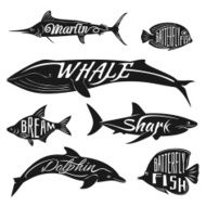 Retro vintage fish with names Vector tattoo set