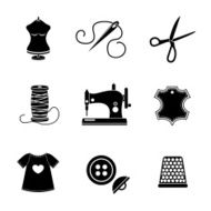 Set of sewing icons - machine scissors thread leather tag