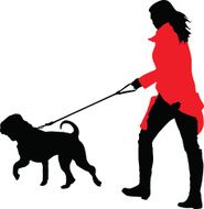 women in red coat walk with sharpei