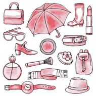 Woman accessories hand drawn pink set N2