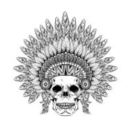 Hand Drawn Skull in zentangle Feathered War bonnet high dataile