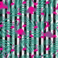 seamless flamingo vector pattern with black and white stripes background