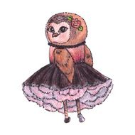 Cute owl in a dress Watercolor vector N5