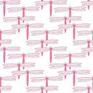 Seamless background of pink dragonflies on a white