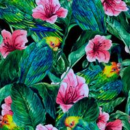 Seamless Background with Tropical Leaves Parrots and Hibiscus