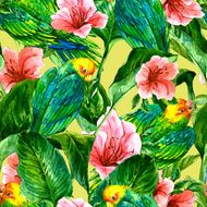 Seamless Background with Tropical Leaves Parrots and Hibiscus N2