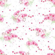 Orchid and lily romantic bouquets on dotted background with hearts