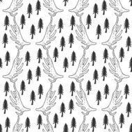 Seamless pattern with pine trees and horns