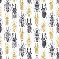Cute hand drawn seamless pattern with insect beetles in gold N2