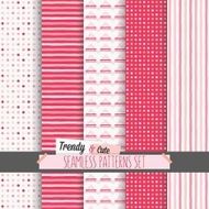 Set of white and pink dotted stripes chevron seamless patterns